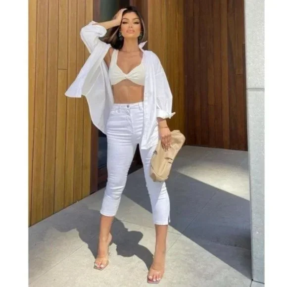 White High Waist Split Hem Skinny Capri Jeans Denim Pants - Picture 9 of 14